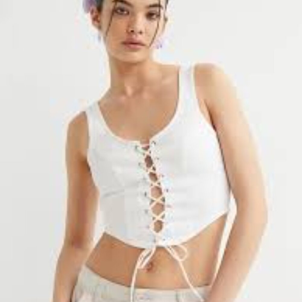 Divided H&M Women White Solid Scoop Neck Fitted Cotton Lacing Bustier Top Med